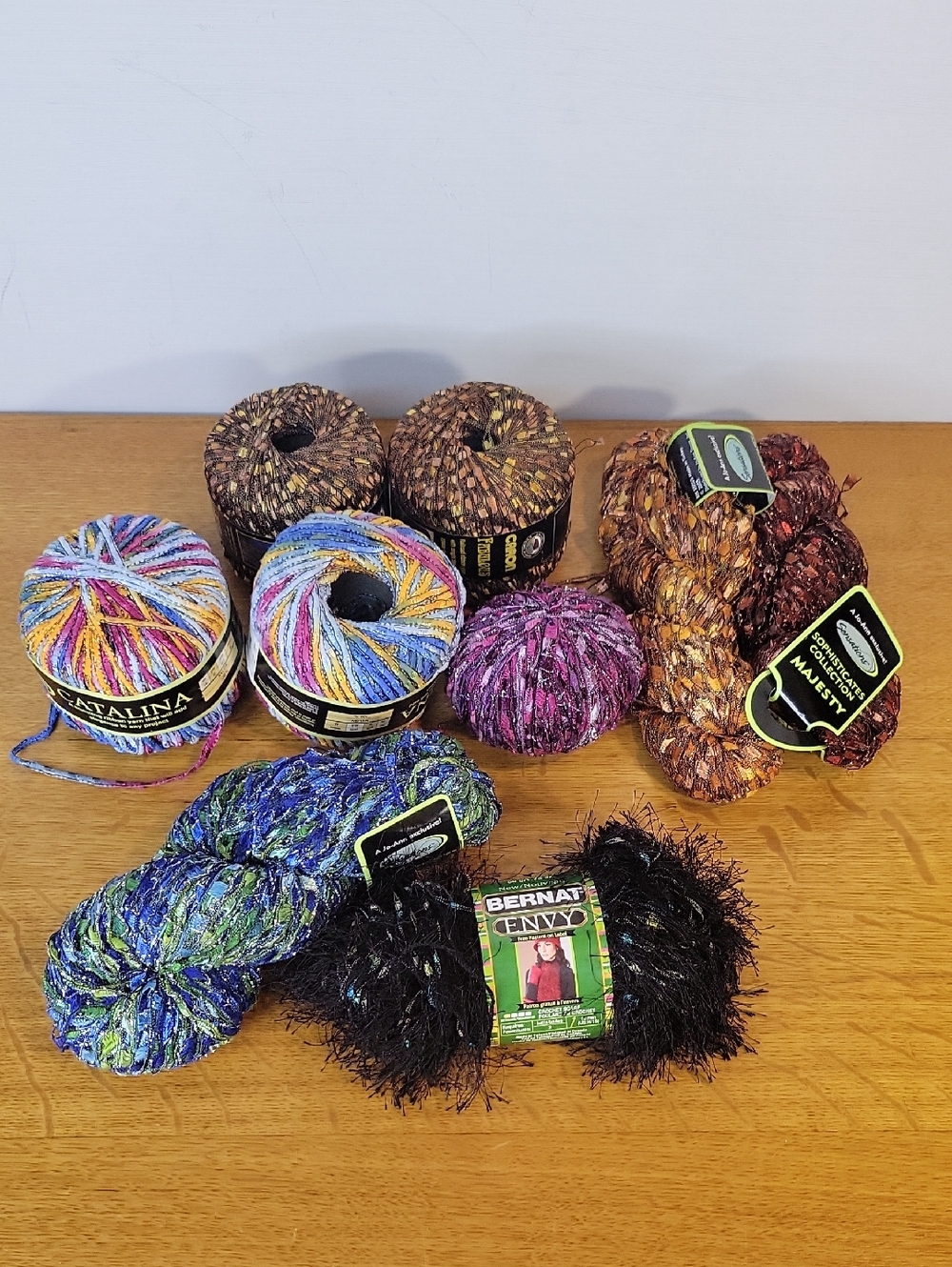 Lot Of 9 Skeins Of Specialty Yarn Bernat, Caron, Catalina, Majesty